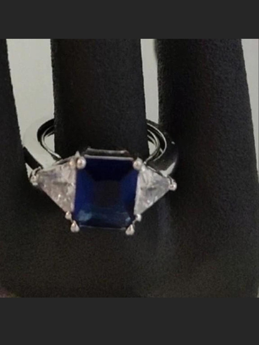 Source Unknown Deep Blue Three-Stone Ring with Clear Trillion Accents